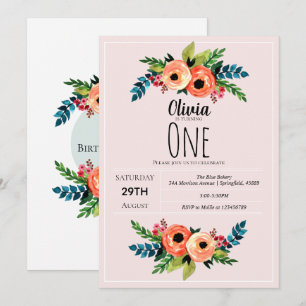 Girls Cute Pink 1st Birthday Watercolor Flowers Invitation