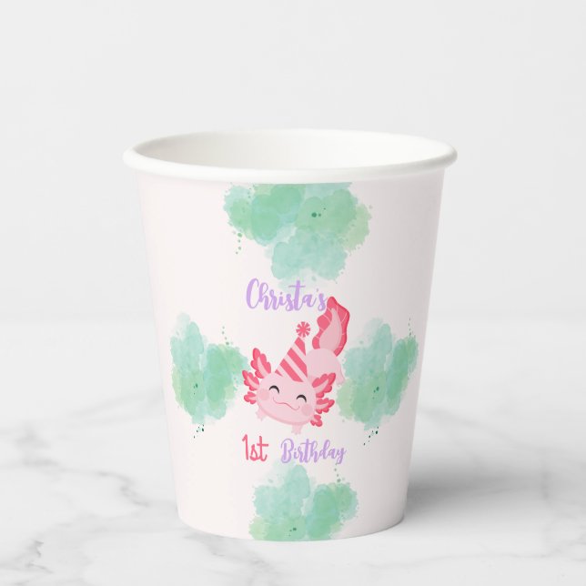 Girls Cute Pink Axolotl First Birthday Paper cup (Front)