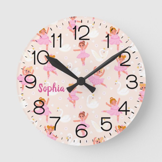 Girls Cute Pink Ballet Dancer Swan Personalised Round Clock (Front)