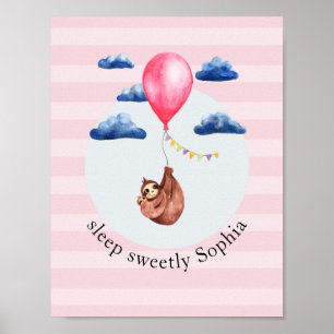 Girls Cute Pink Balloon Sloth Animal and Name Kids Poster