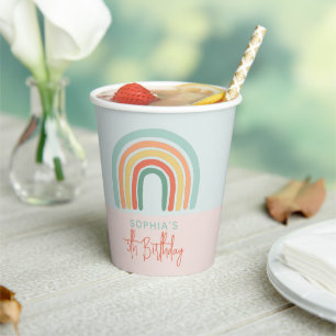 Girls Cute Pink Boho Rainbow Kids Birthday Paper Cups