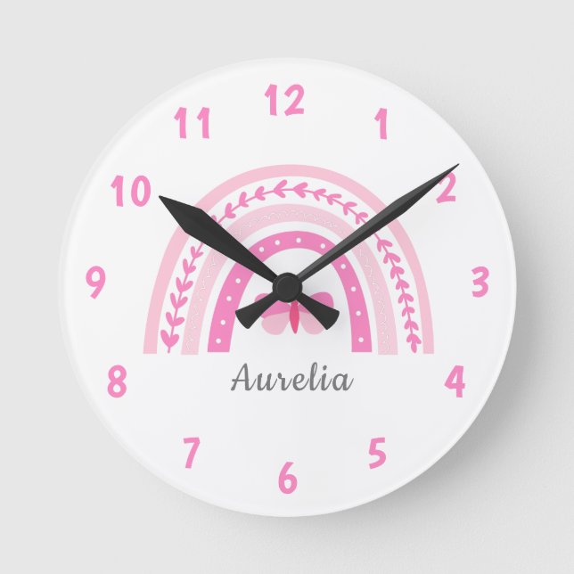 Girls Cute Pink Boho Rainbow & Name Kids Round Clock (Front)