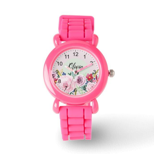Girls Cute Pink Botanical Flowers and Name Kids Watch (Front)