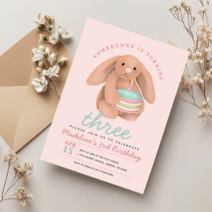 Girls Cute Pink Bunny Cake Birthday Invitation