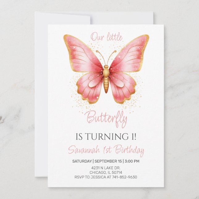 Girls Cute Pink Butterfly 1st Birthday Party Invitation (Front)