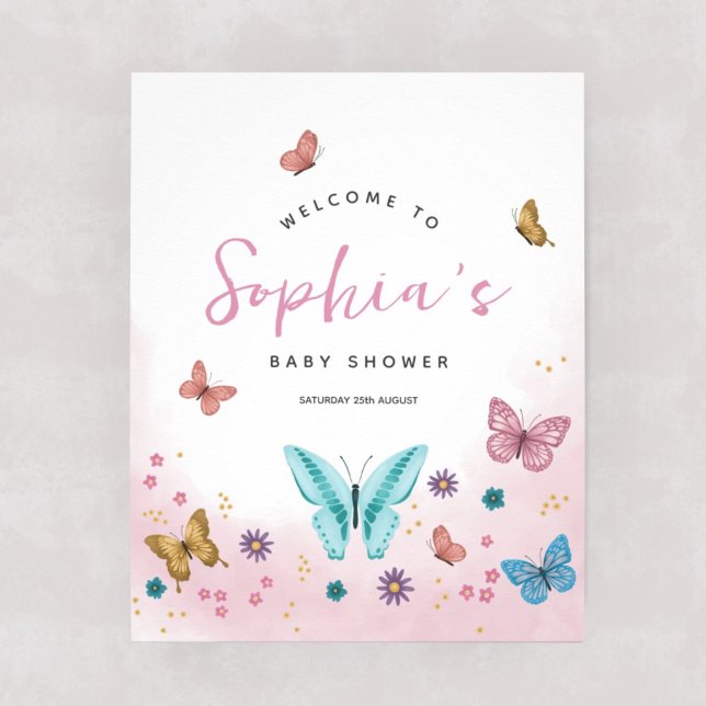 Girls Cute Pink Butterfly Baby Shower Welcome Sign (Creator Uploaded)