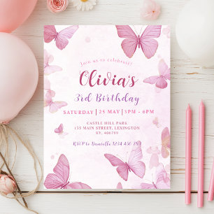 Girls Cute Pink Butterfly Birthday Invitation