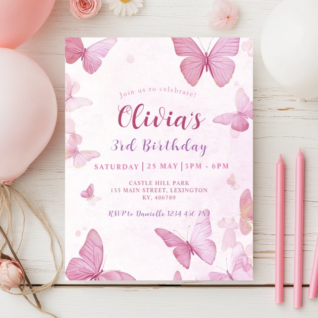 Girls Cute Pink Butterfly Birthday Invitation (Creator Uploaded)
