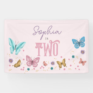 Girls Cute Pink Butterfly Kids Birthday Banner