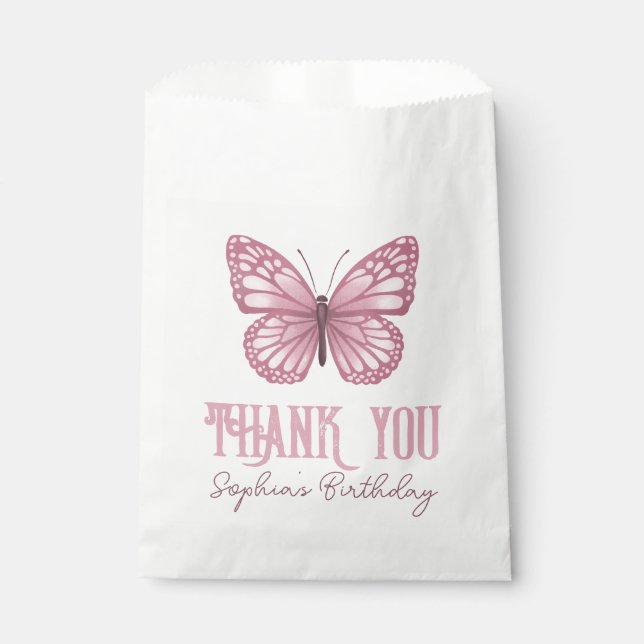 Girls Cute Pink Butterfly Kids Birthday Thank You Favour Bag (Front)