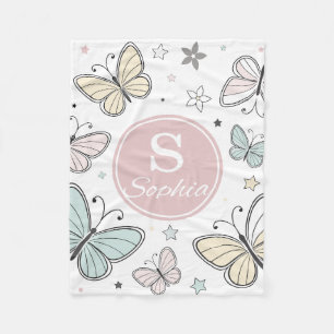 Girls Cute Pink Butterfly Monogram Kids Fleece Blanket