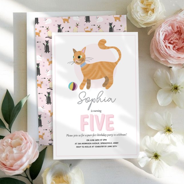 Girls Cute Pink Cat Kids Birthday Invitation (Creator Uploaded)