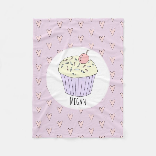 Girls Cute Pink Cupcake Muffin & Name Kids Fleece Blanket (Front)