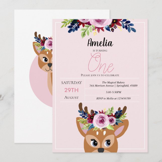 Girls Cute Pink Deer Floral 1st Birthday Flowers Invitation (Front/Back)