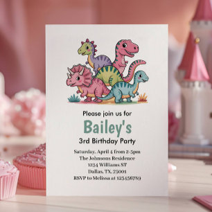 Girls Cute Pink Dinosaur Birthday Party Invitation