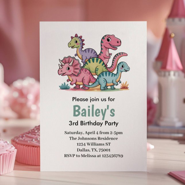 Girls Cute Pink Dinosaur Birthday Party Invitation (Creator Uploaded)