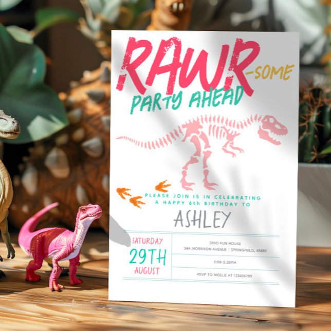 Girls Cute Pink Dinosaur Dig Fossil Kids Birthday Invitation (Creator Uploaded)