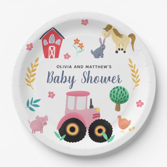 Girls Cute Pink Farm Tractor Baby Shower Paper Plate (Front)