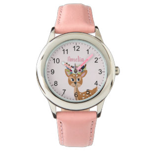 Girls Cute Pink Floral Deer & Flowers Kids Watch