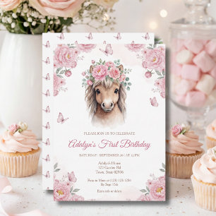 Girls Cute Pink Floral Horse Birthday Invitation