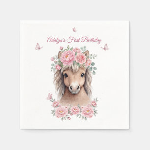 Girls Cute Pink Floral Horse Birthday Napkin
