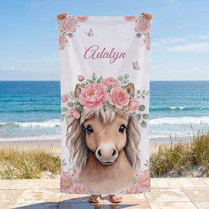 Girls Cute Pink Floral Horse Personalised Name Beach Towel