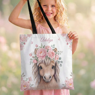 Girls Cute Pink Floral Horse Personalised Name Tote Bag