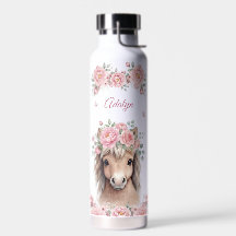 Girls Cute Pink Floral Horse Personalised Name