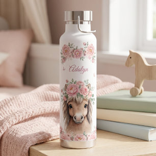 Girls Cute Pink Floral Horse Personalised Name Water Bottle