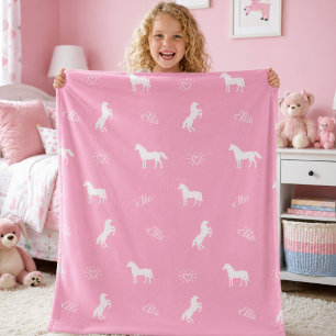 Girls Cute Pink Horse Pattern Personalised Name  Fleece Blanket