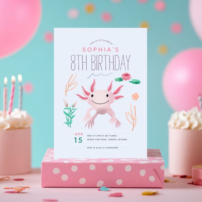 Girls Cute Pink Kawaii Axolotl 8th Birthday Invitation (Creator Uploaded)