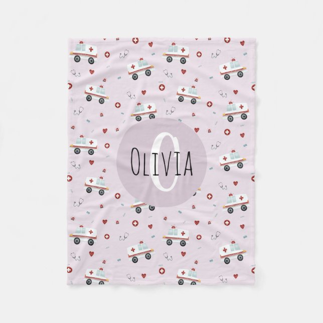 Girls Cute Pink Paramedic Ambulance Pattern Kids Fleece Blanket (Front)