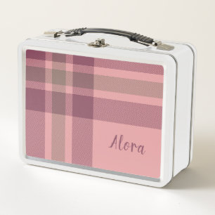 Girls Cute Pink Plaid Kids Metal Lunch Box