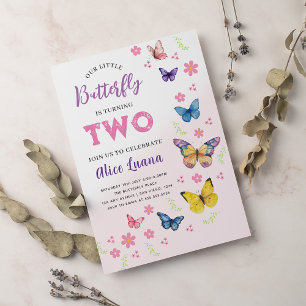 Girls Cute Pink Purple Butterfly Kids 2nd Birthday Invitation