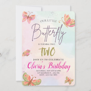 Girls Cute Pink Purple Butterfly Kids 2nd Birthday Invitation
