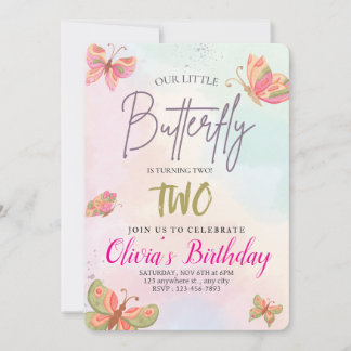 Girls Cute Pink Purple Butterfly Kids 2nd Birthday Invitation