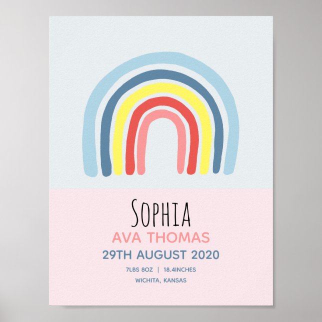 Girls Cute Pink Rainbow Birth Stats Baby Nursery Poster (Front)