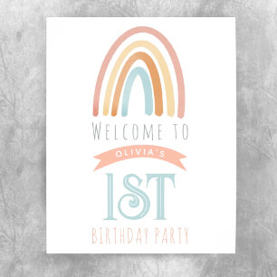 Girls Cute Pink Rainbow First Birthday Welcome Poster