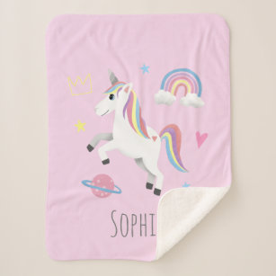 Girls Cute Pink Rainbow Unicorn & Name Kids Sherpa Blanket
