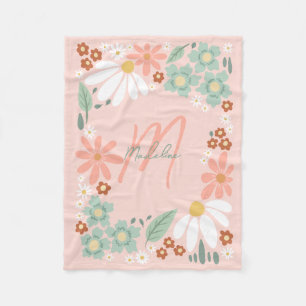 Girls Cute Pink Retro Wildflower Monogrammed Fleece Blanket