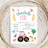 Girls Cute Pink Rustic Farm Tractor Birthday