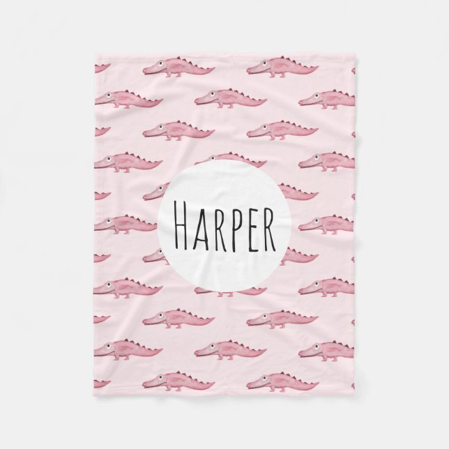 Girl's Cute Pink Safari Crocodile Pattern and Name Fleece Blanket (Front)