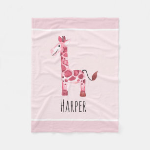 Girl's Cute Pink Safari Giraffe and Name Fleece Blanket