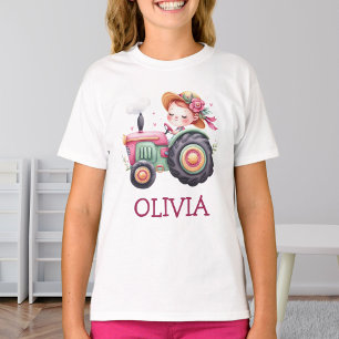 Girls Cute Pink Tractor Personalised T-Shirt