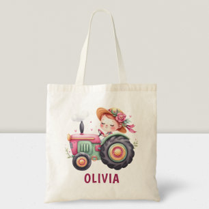 Girls Cute Pink Tractor Personalised Tote Bag