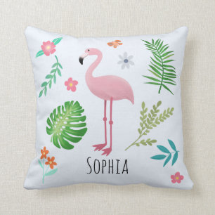 Girls Cute Pink Tropical Flamingo & Flowers Kids Cushion