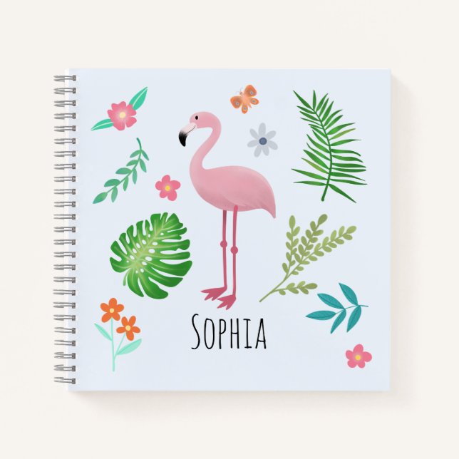 Girls Cute Pink Tropical Flamingo & Flowers Kids Notebook (Front)