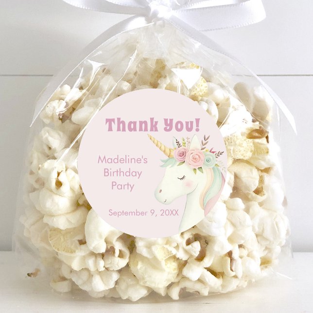 Girls Cute Pink Unicorn Birthday Thank You Classic Round Sticker (Creator Uploaded)