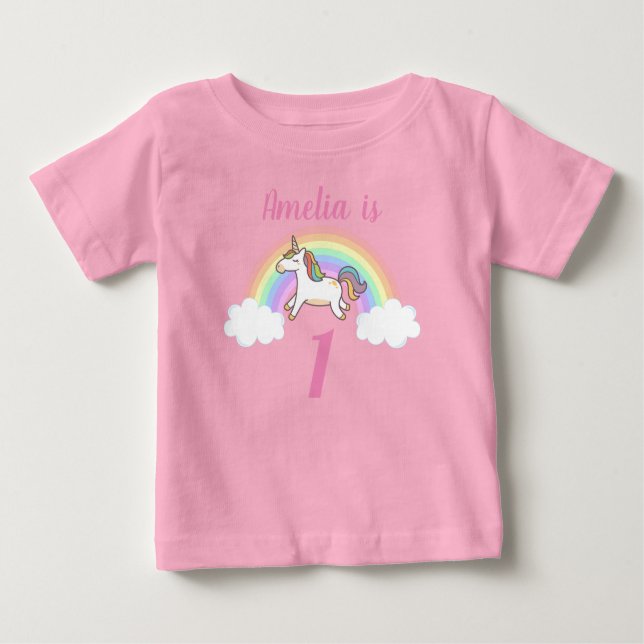 Girls Cute Pink Unicorn Custom Name 1st Birthday Baby T-Shirt (Front)