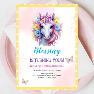 Girls Cute Pink Unicorn Kids 4th Birthday Invitation